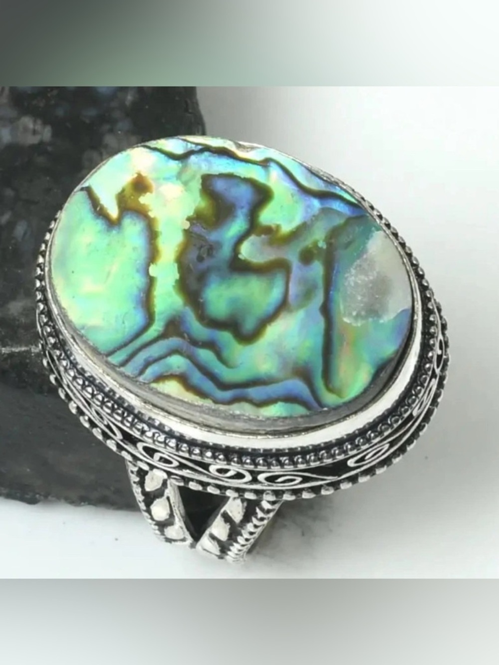 Abalone Shell Silver Statement Ring